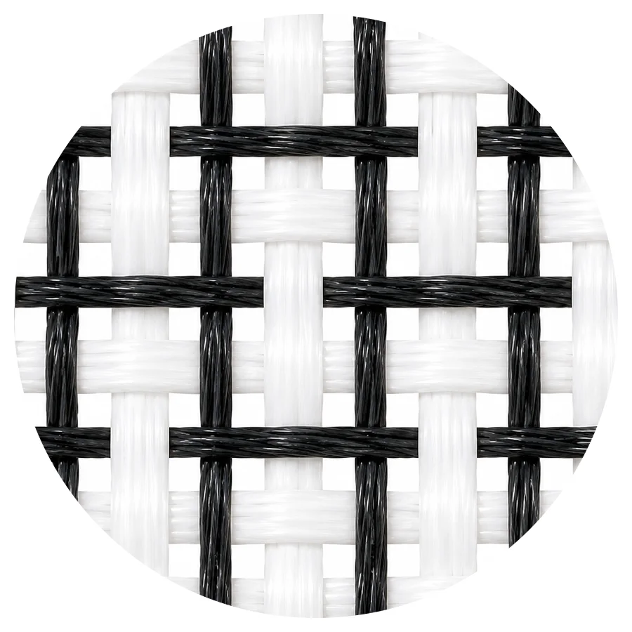 Magnified disc of filter fabric with black conductive yarns woven in both warp and weft directions
