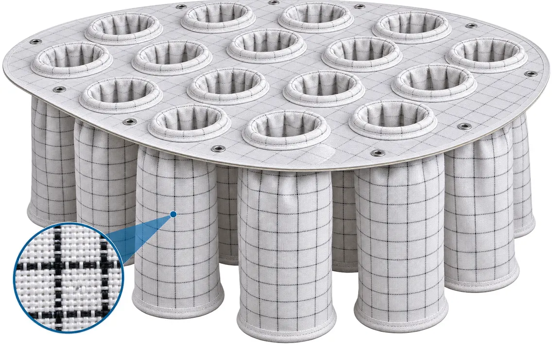 Antistatic fluid bed dryer bag assembly, conductive yarn grid visible across the bags, with a magnified inset of the weave