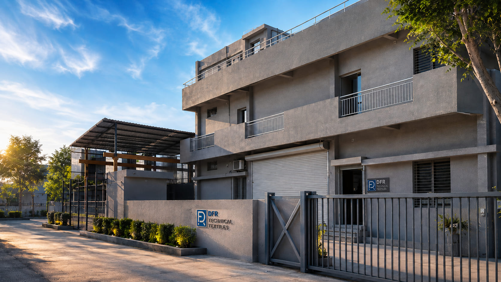The DFR Technical Textiles facility at GIDC Chhatral, Gujarat — the plant behind its gated compound wall, which carries the DFR nameplate