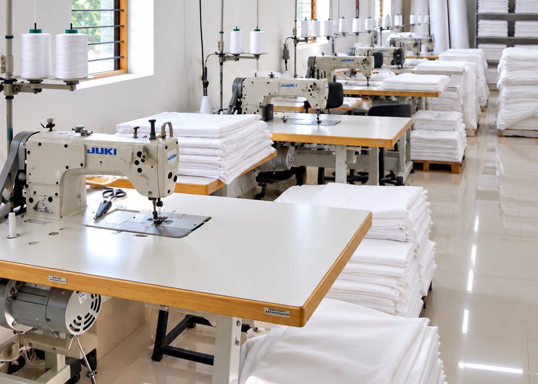 Row of JUKI stitching machines in the DFR Filter Fabrication Centre, cut filter panels stacked at each table