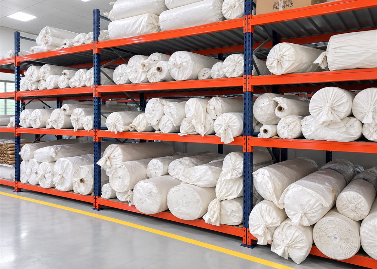 Racking at DFR holding wrapped rolls of finished filtration fabric