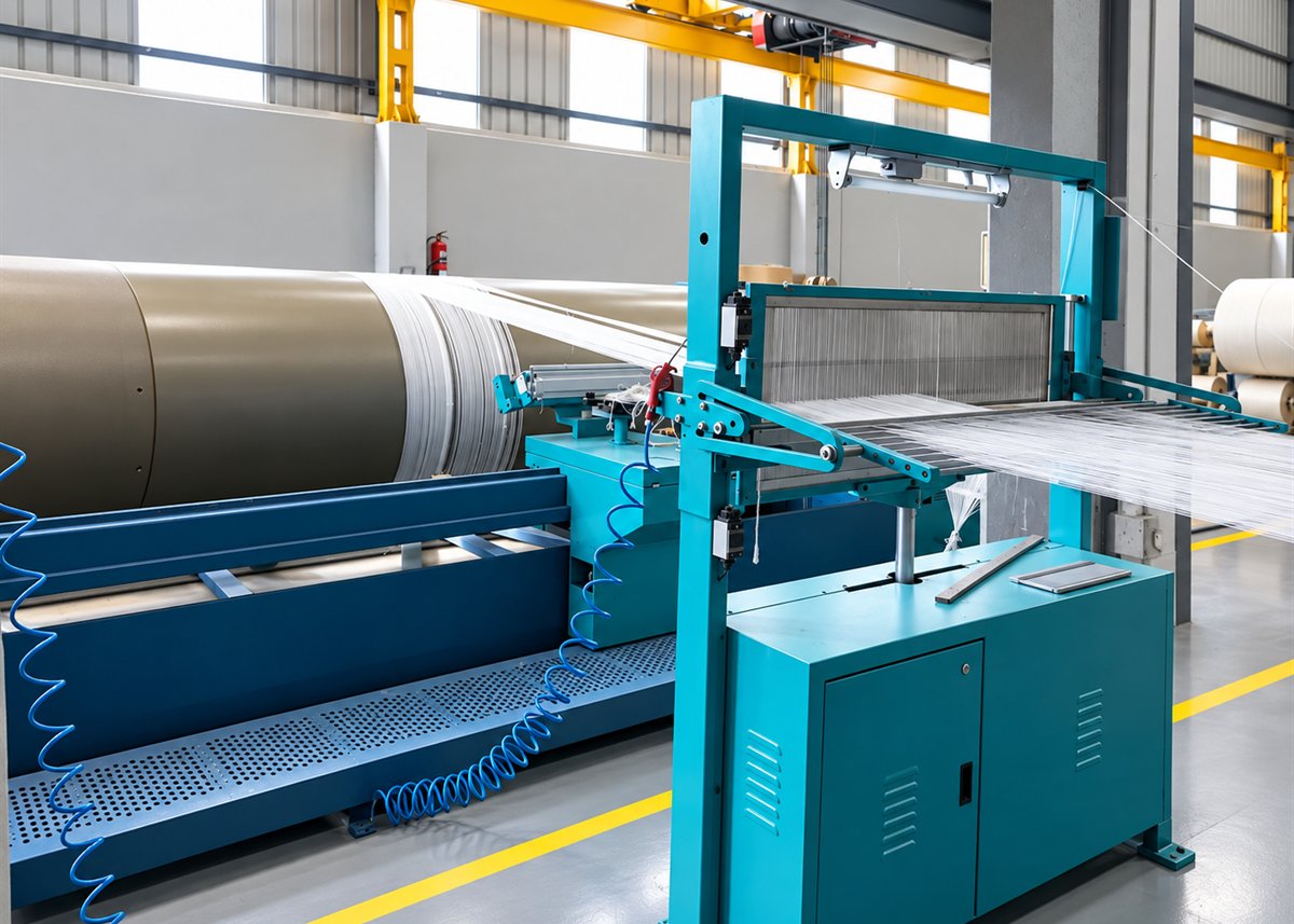 Sectional warping machine at DFR, warp sheet running onto the beam
