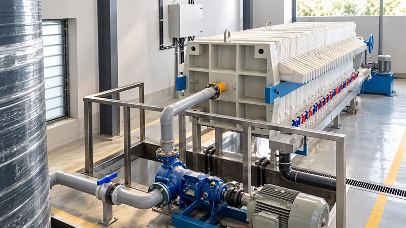 A compact filter press with DFR cloths fitted, feed pump and pipework alongside