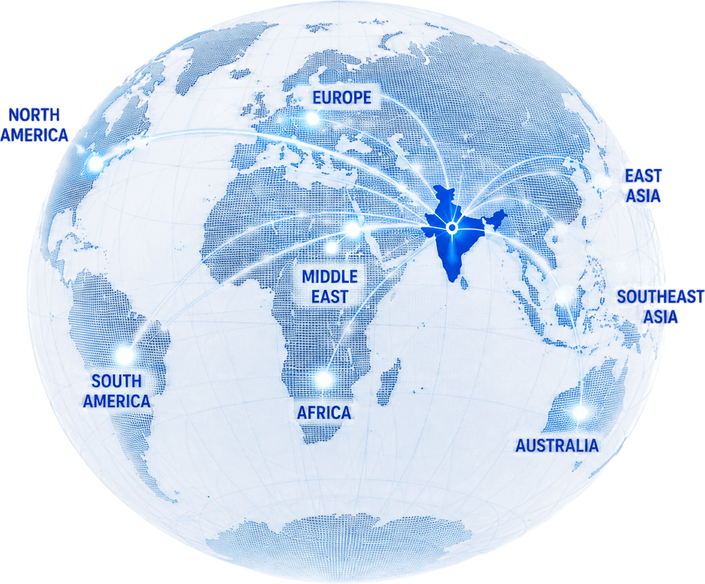Globe showing DFR export routes from India to North America, South America, Europe, Africa, the Middle East, East Asia, South East Asia and Australia