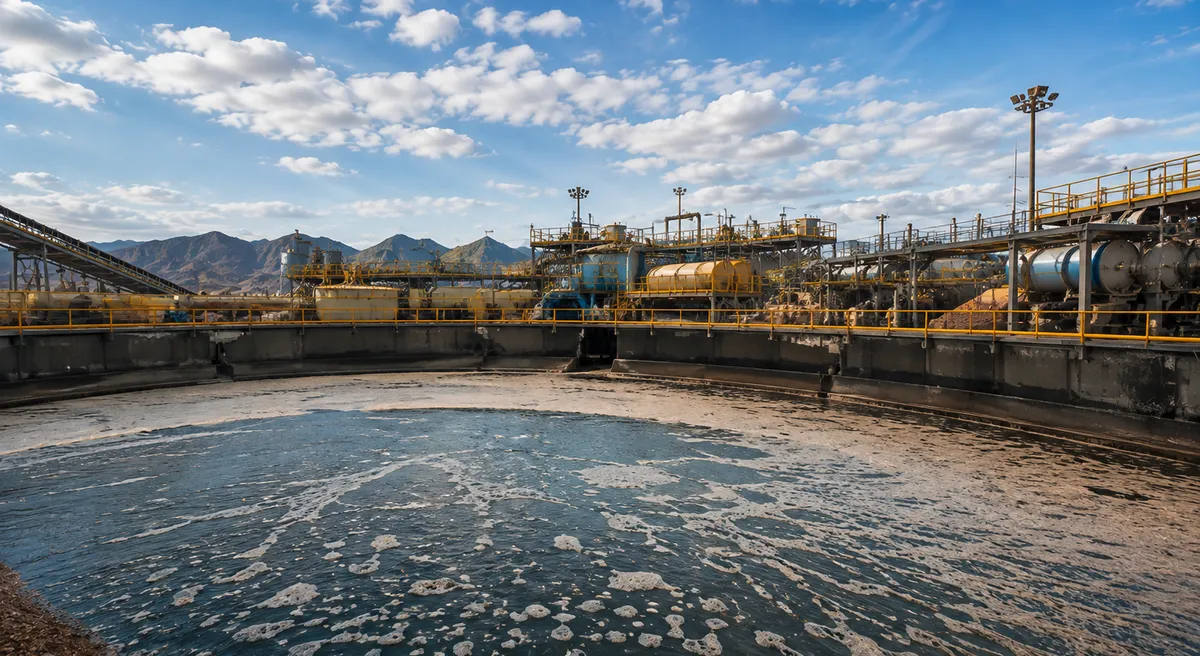 Tailings thickener at an iron ore plant, settled solids across the pond with process equipment on the walkway behind