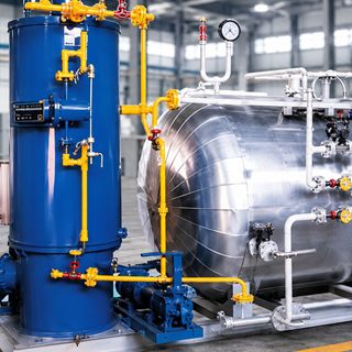 Yarn heat-setting autoclave on the plant floor, a steel pressure vessel with its blue boiler column alongside