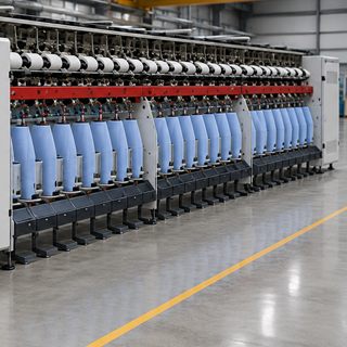 Yarn twisting frame on the plant floor, rows of blue-wound bobbins running the length of the machine