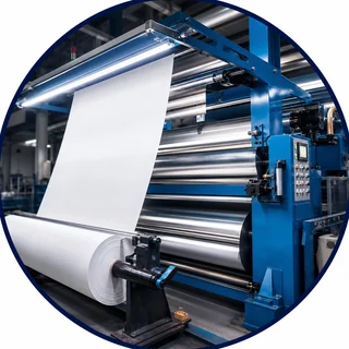 Calendering machine running white filtration fabric over heated rollers