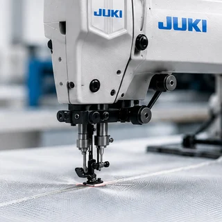 JUKI PLC controlled stitching machine running a seam through filter fabric