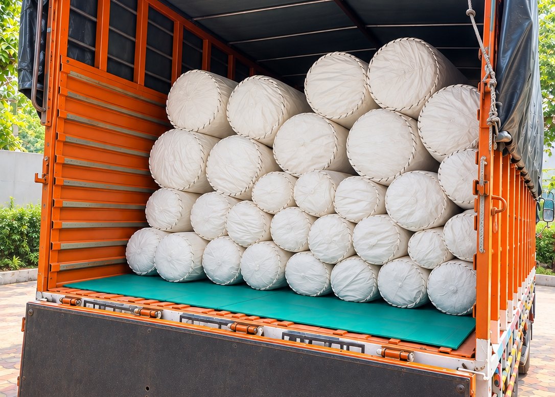 Wrapped rolls of DFR filtration fabric stacked in a covered truck, a protective sheet under them and the tarpaulin drawn over