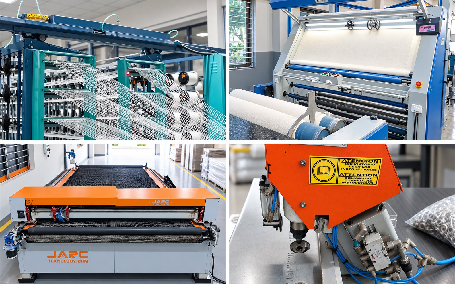 Four stages on the DFR floor — the warping creel, the rolling cum inspection machine, the laser cutting table and the eyelet press