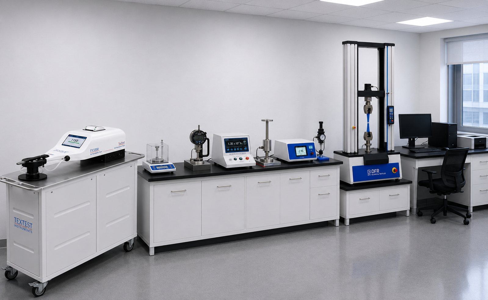 DFR in-house testing laboratory with air permeability and tensile testing instruments
