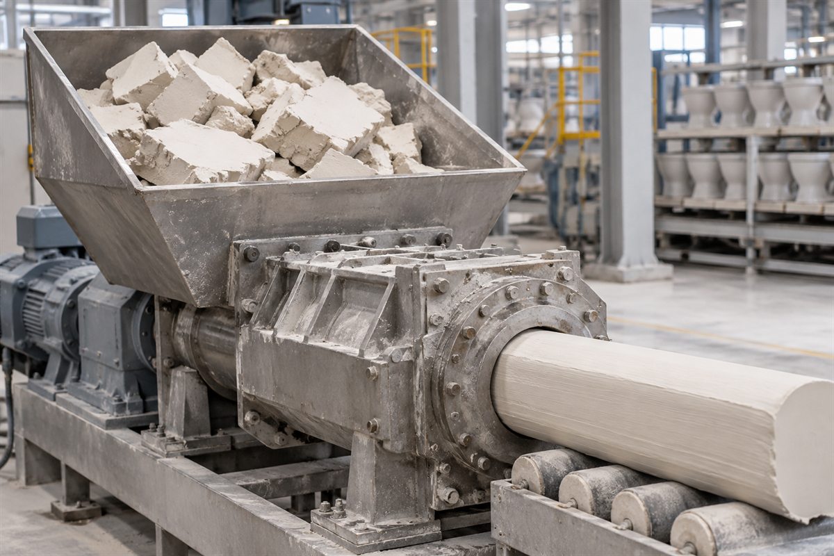 Ceramic body cake fed into a pug mill, an extruded clay column coming out, sanitaryware on racks behind