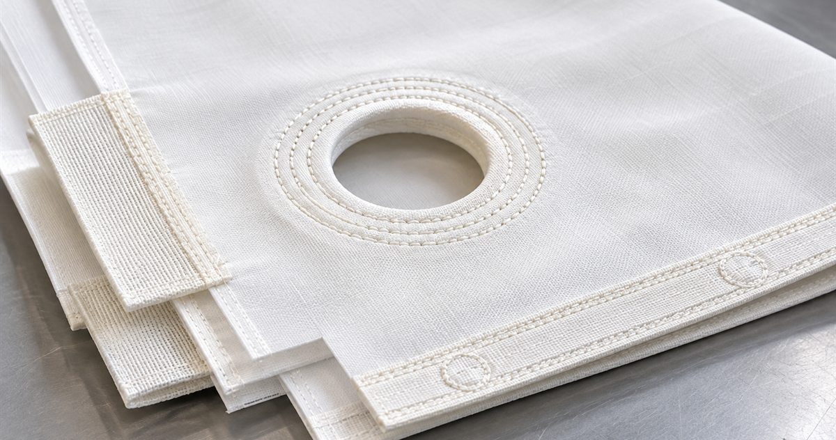Close-up of a white slip press cloth with a stitched, reinforced feed eyelet, sealed edge and velcro fixing strips