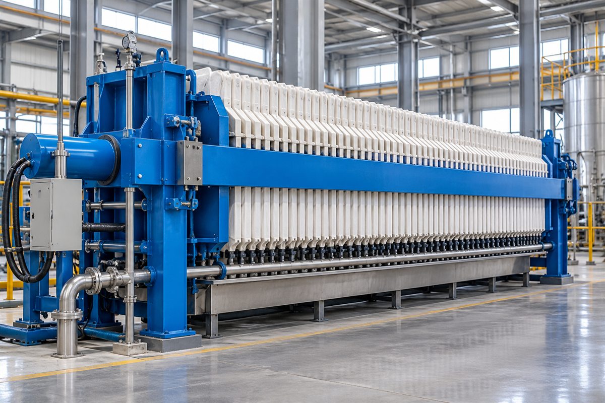 Blue-framed slip filter press with white plates on a factory floor