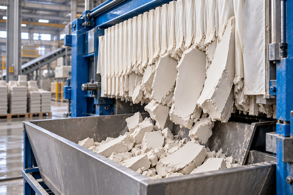 Slip filter press opening to drop slabs of white ceramic body cake into a steel hopper