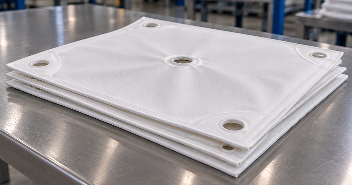 Stack of white filter press cloths with sealed edges, corner holes and a reinforced centre feed eyelet on a stainless steel table