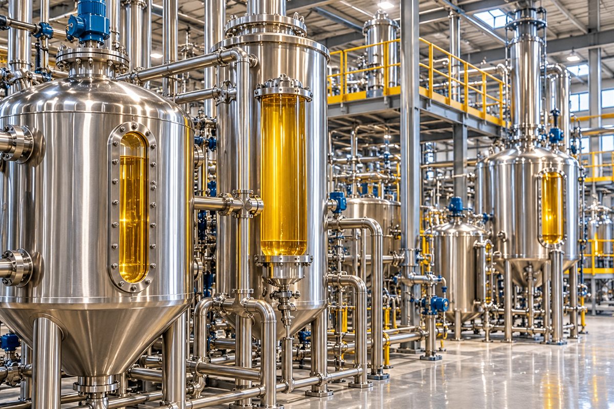 Edible oil refinery with stainless steel tanks and sight glasses showing golden oil