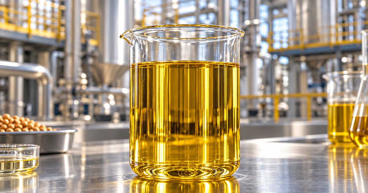 Glass beaker of bright, clear refined edible oil on a stainless steel bench