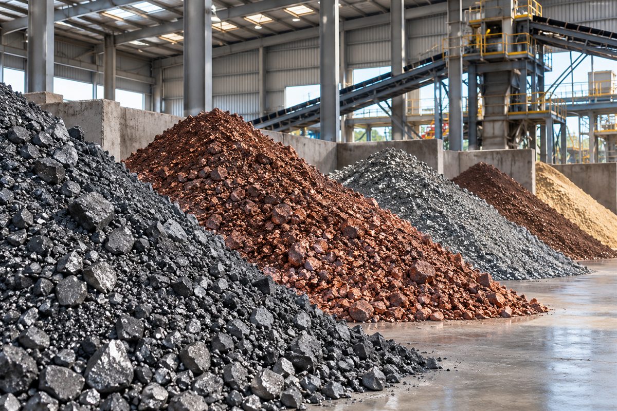 Stockpiles of dark, copper-brown, grey and pale mineral concentrates in a covered store at a processing plant