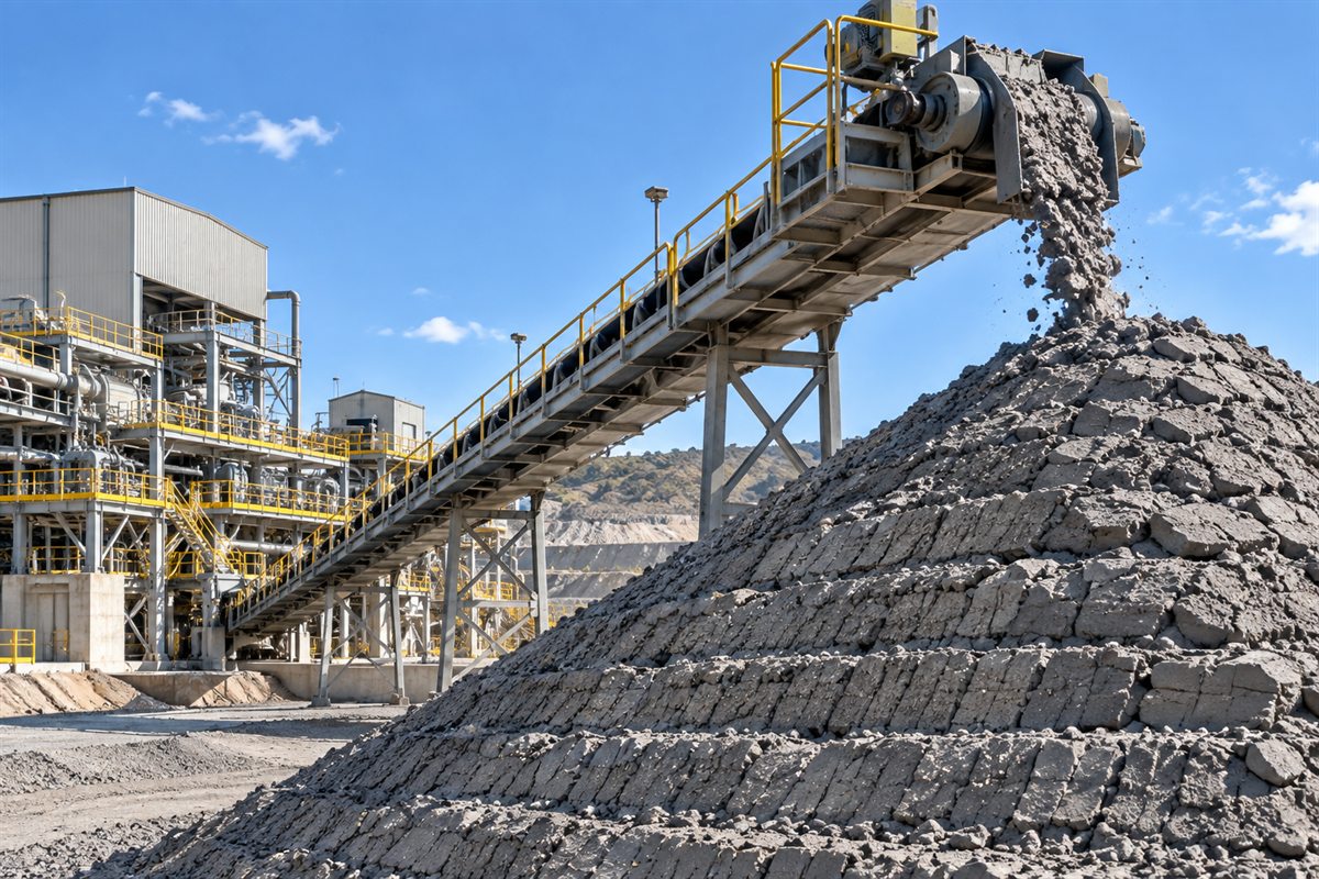 Conveyor dropping filtered tailings cake onto a dry-stacked pile at a mine site