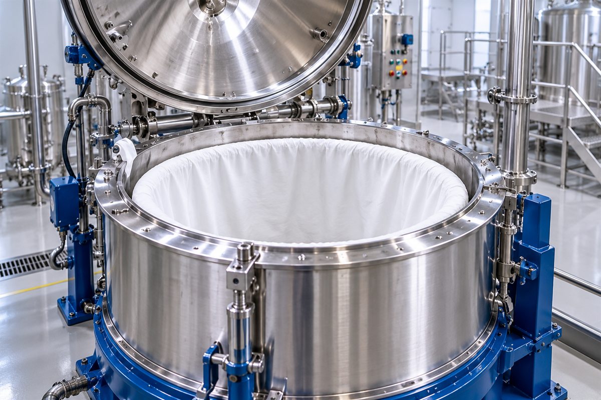 Stainless steel basket centrifuge with its lid raised and a white filter bag fitted inside