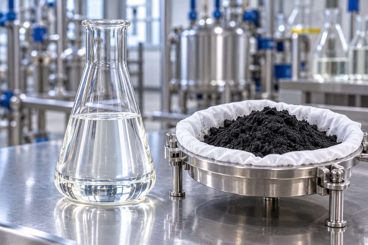 Flask of clear filtrate beside a cloth-lined filter holding black activated carbon cake