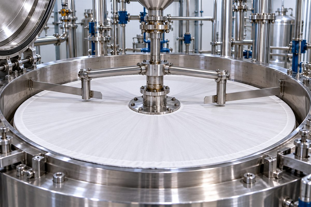 Agitated Nutsche filter dryer opened to show the white filter cloth disc across its base