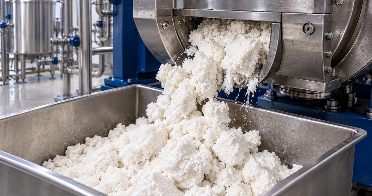 Wet white crystalline product cake discharging from a centrifuge into a stainless steel container