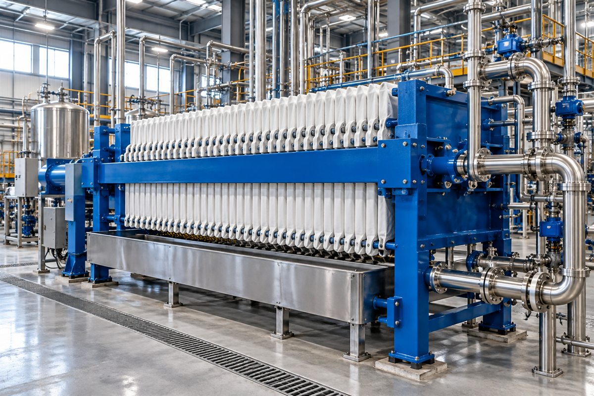 Blue-framed filter press with white filter plates and a stainless drip tray beside pipework in a chemical plant